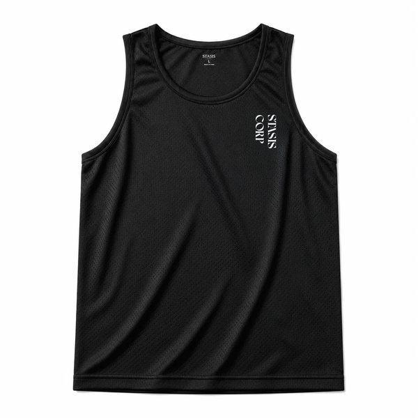 STASIS RD-1 running singlet in black, flat lay front view with vertical STASIS CORP chest print